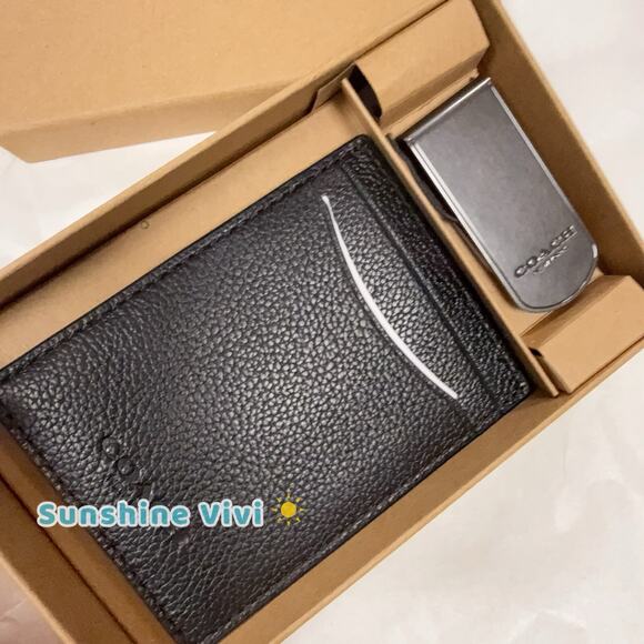 NEW COACH 75479 Black Calf Leather 3 In 1 Card Case Money Clip Gift Box - Picture 2 of 9